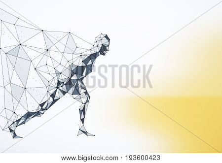 Side view of running polygonal hero with cape on light backdrop. 3D Rendering