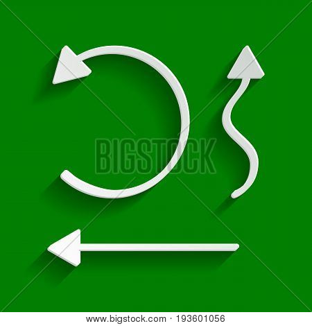 Simple set to Interface Arrows. Vector. Paper whitish icon with soft shadow on green background.
