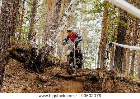 motorcycle enduro racing motocross in forest downhill