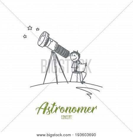 Astronomer concept. Hand drawn person with telescope watching the stars. Astronomer isolated vector illustration.