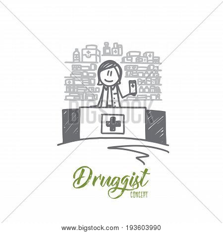 Druggist concept. Hand drawn male pharmacist dispensing medicine. Druggist holding a box of tablets isolated vector illustration.