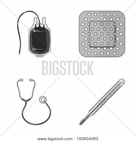 Package with donor blood and other equipment.Medicine set collection icons in monochrome style vector symbol stock illustration .