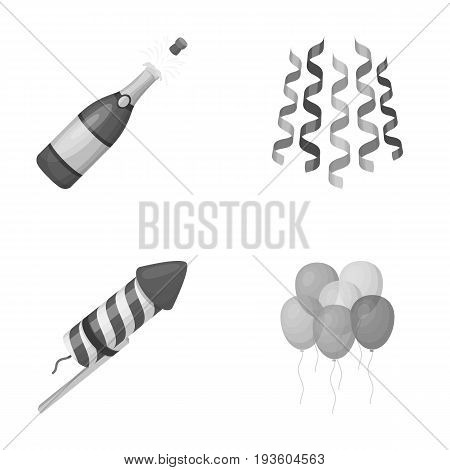 Champagne, fireworks and other accessories at the party.Party and partits set collection icons in monochrome style vector symbol stock illustration .