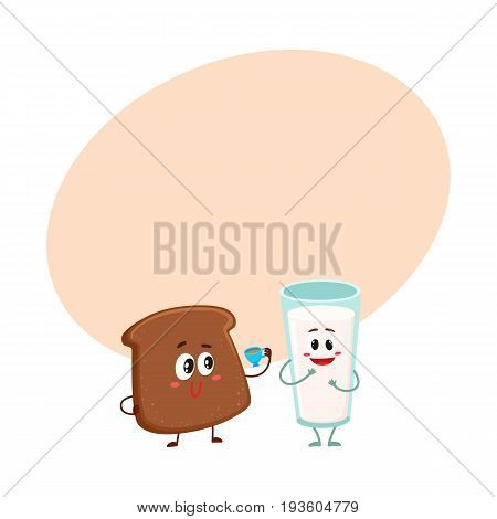 Funny dark, brown bread slice and milk glass characters, breakfast combination, cartoon vector illustration with space for text. Brown bread slice and glass of milk characters, mascots