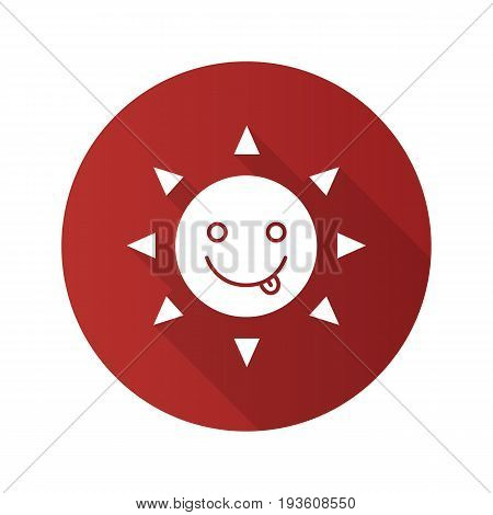 Yummy sun smile flat design long shadow glyph icon. Silly, goofy, foolish sun emoticon. Vector silhouette illustration