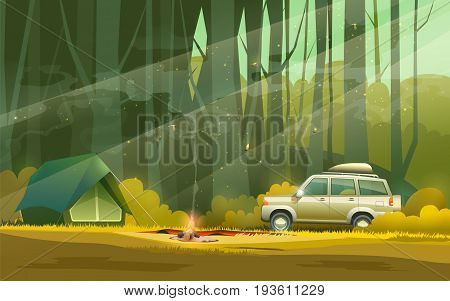 Vector illustration of camp with tent, fire and car in the woods.