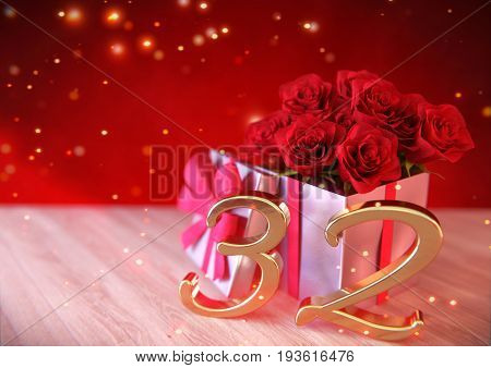 birthday concept with red roses in the gift on wooden desk. 3D render - thirty-second birthday. 32nd