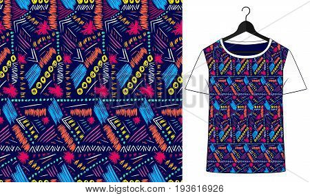 Ethnic doodle pattern. Abstract sketch ornament. Trendy colorful ornate. T-shirt simple mockup. Pattern for fabric or denim. Fashion design. Black and white.