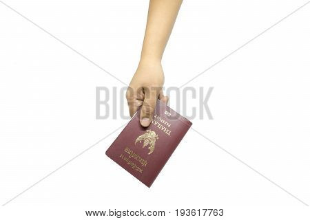 hand holding thai passport isolated on white background