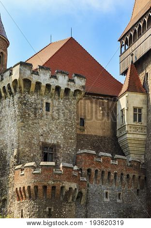 Corvin Castle, Romania, a Gothic-Renaissance castle in Hunedoara, Transylvania, summertime towers