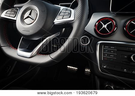 Sankt-Petersburg, Russia October 22, 2016 : Dashboard and steering wheel of Mercedes-Benz CLA 45 2016 AMG interior, test drive on October 22 2016 in Russia.