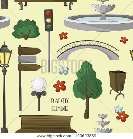 City street urban elements icon pattern. Lights and outdoor elements for construction of city, park and outdoor landscapes.