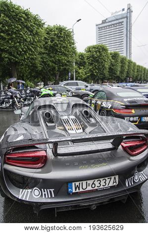 Riga, Latvia - July 01, 2017: Porsche 918 Spyder (2015) from Gumball 3000 race is on display. Riga host Gumball 3000 during the 2017 Rally being both the starting grid and flag drop destination.