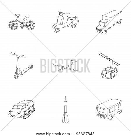 Set of pictures about types of transport. Transportation of people, cargo. Ground, underwater, air transport. Transport icon in set collection on outline style vector symbol stock web illustration.