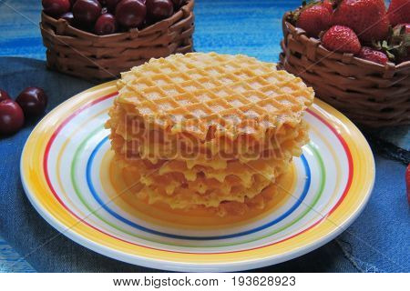 Waffles And Fruit, Strawberries And Cherries