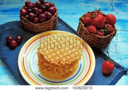 Waffles And Fruit, Strawberries And Cherries