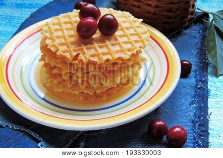 Waffles And Fruit, Strawberries And Cherries