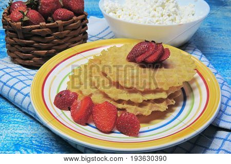 Waffles And Fruit, Strawberries And Cherries