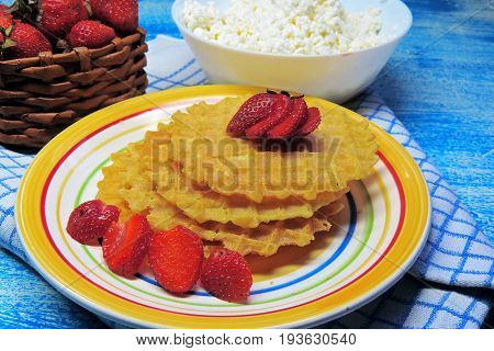 Waffles And Fruit, Strawberries And Cherries