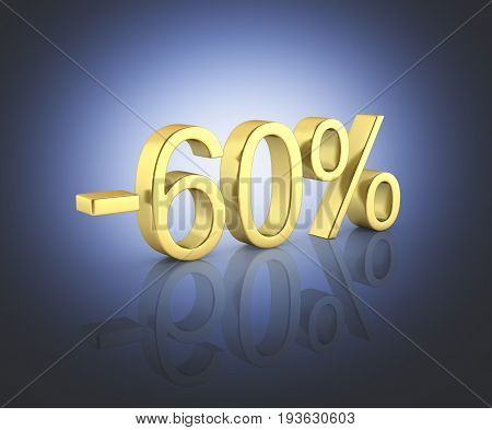 Gold Text 60 Percent Off On Blue Gradeint Background With Reflection 3D Render