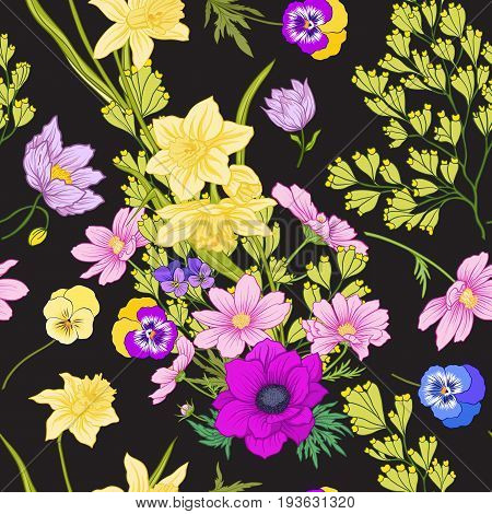 Seamless pattern with poppy flowers, daffodils, anemones, violets in botanical vintage style. On black background. Stock line vector illustration.