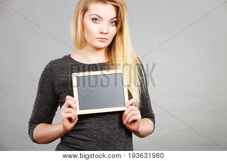 Woman Holding Blank Black Board