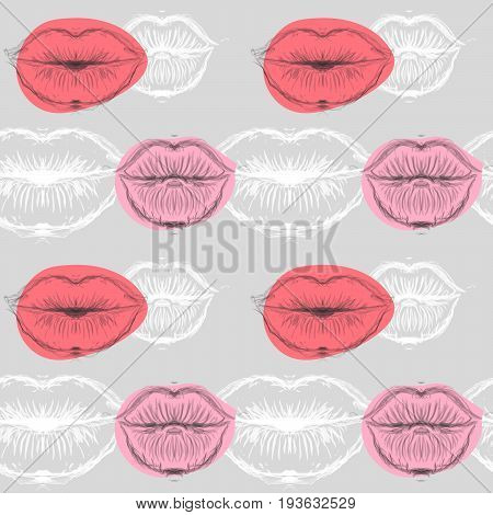 Seamless pattern with sketch of lips on spots. Drawn kisses. Creative repeating background. Can be used for wallpaper textiles wrapping card cover. Vector illustration eps10