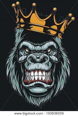 Vector Illustration Ferocious Gorilla Head On With Crown White Background
