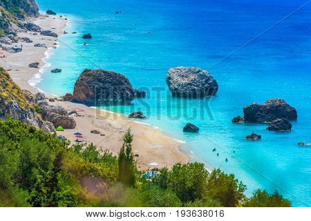 Megali Petra beach on the Ionian sea Lefkada island Greece.
