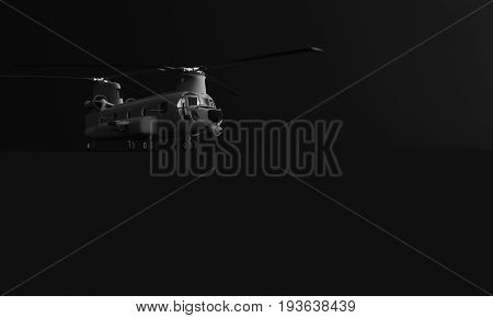 3D RENDERING OF TRANSPORT HELICOPTER ON BLACK PLAIN BACKGROUND