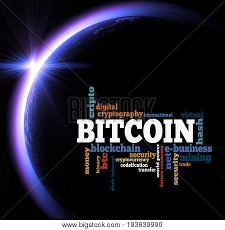 Bitcoin word cloud over sunrise in space. 3D illustration 