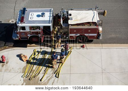 Firefighter Training Manning The Truck Overhead View