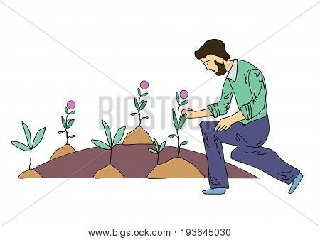 Sad man tending the flowers in the flowerbed or on the grave. Vector illustration, isolated on white background.