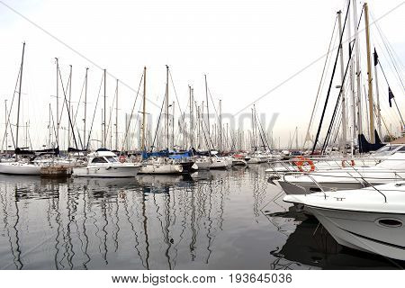 Ships tied in Badalona Barcelona's port Spain