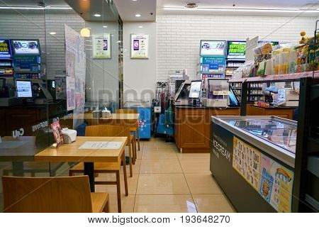SEOUL, SOUTH KOREA - CIRCA MAY, 2017: inside a CU convenience store. CU is a convenience store franchise chain in South Korea.