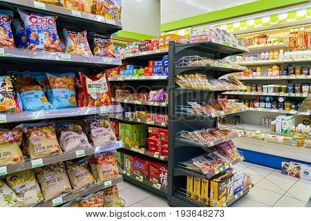 SEOUL, SOUTH KOREA - CIRCA MAY, 2017: goods on display at a CU convenience store. CU is a convenience store franchise chain in South Korea.
