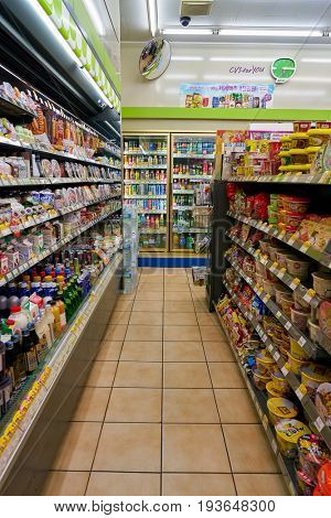 SEOUL, SOUTH KOREA - CIRCA MAY, 2017: goods on display at a CU convenience store. CU is a convenience store franchise chain in South Korea.