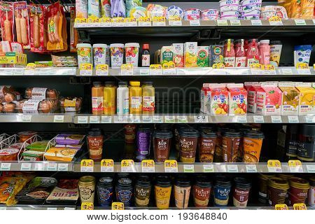 SEOUL, SOUTH KOREA - CIRCA MAY, 2017: goods on display at a CU convenience store. CU is a convenience store franchise chain in South Korea.