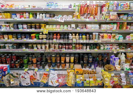 SEOUL, SOUTH KOREA - CIRCA JUNE, 2017: goods on display at a CU convenience store. CU is a convenience store franchise chain in South Korea.