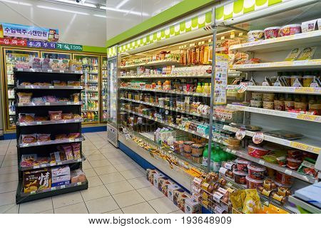 SEOUL, SOUTH KOREA - CIRCA MAY, 2017: inside a CU convenience store. CU is a convenience store franchise chain in South Korea.