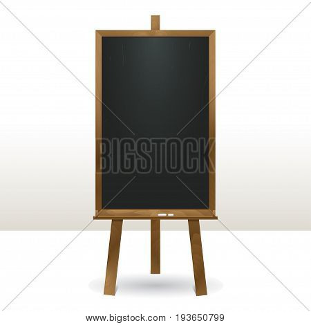 Standing menu chalk board.Vertical empty easel in wooden frame.Use for business and educational presentation. Isolated vector illustration.