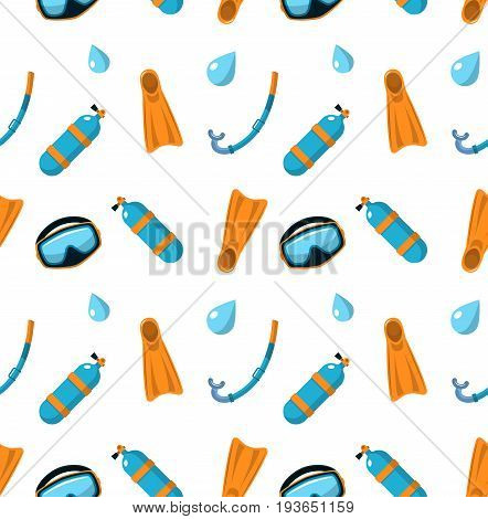 Scuba diving seamless pattern with attributes for snorkeling. Mask, snorkel, oxygen cylinders, flippers and water drops. Colorful flat illustration. Element for your summer design. Vector eps 10.