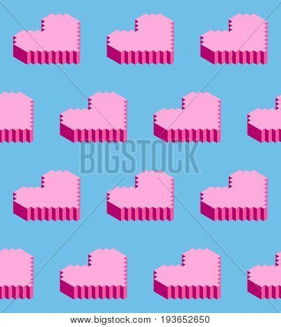 Seamless background of isometric pixel hearts. Vector illustration in style of old 8-bit video games. Creative love pattern in blue and pink colors for greeting cards, wrapping. Valentine Day template