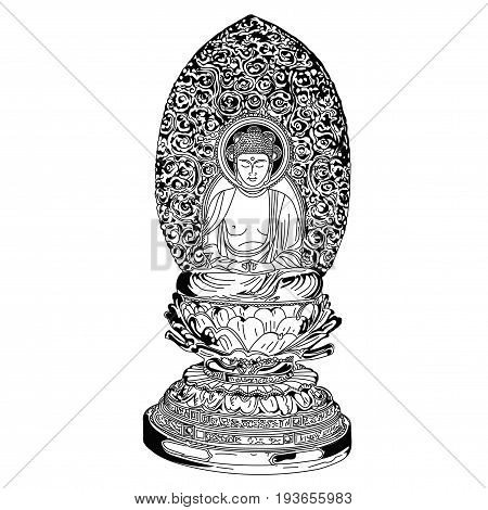 Beautiful statue of a Buddha figure. A drawn black and white element. Medallion yoga Indian Arabic lotus Buddha was a wise man. His teachings founded Buddhism.