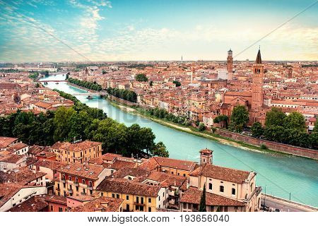 Verona Italy. Panoramic view to Bridge Ponte Pietra in Verona. Beautiful Sunny summer day panorama and blue sky may use as postcard or wall paper