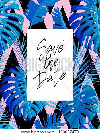Save the date wedding lettering postcard. Wedding poster with modern brush calligraphy and tropical palm leaves seamless pattern. For cards, banners, posters. Vector illustration stock vector.