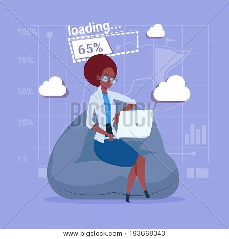 African American Business Woman Use Laptop Computer Loading Software Applications Media Social Network Communication Businessman Flat Design Vector Illustration