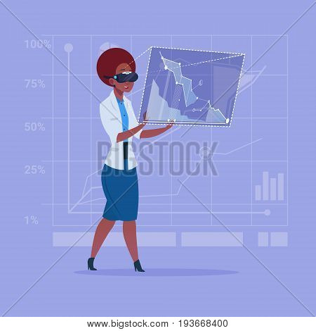 African American Business Woman Wear Virtual Reality Digital Glasses Touch Screen Interface Flat Vector Illustration