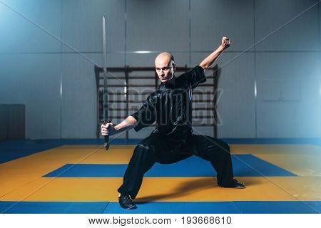 Wushu fighter with sword in action, martial arts