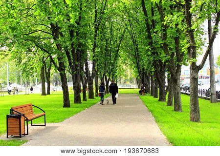 Chernihiv / Ukraine. 06 May 2017: path in the city with big green trees. 06 May 2017 in Chernihiv / Ukraine.